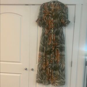 Leafy Green and Orange Midi Dress